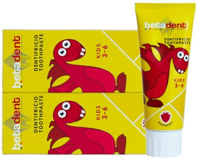 Betadent KIT 2 DENTIFRICIO KIDS per bambini 3-6 anni. Gusto Lampone. Azione anti placca e anti carie. Equilibrato dosaggio di Sali di Fluoro alla concentrazione di 430 ppm F. 2x75ml