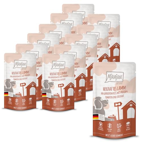 MjAMjAM - Comida húmeda Premium para Perros - Quetschie - Cordero sustancioso con riso cocido, Tomates Frescos y Semillas de chía, Pack de 12 (12 x 125g), sin Gluten con Extra de Carne