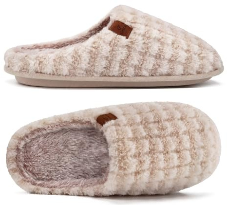 COFACE Mäns returskum tofflor varma pläd tofflor fluffig plysch fodrade med halkfri gummisula, Beige fluffig, 40 EU