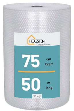 HOGSTEN Luftpolsterfolie Rolle 50m x 75cm - Noppenfolie für Versand, Verpackung und Umzug -100% recycelbar - Bubble Wrap Polstermaterial Verpackungsmaterial 50my (0,75m x 50m)