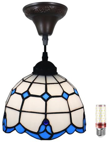 Uziqueif Pendelleuchte Vintage, Tiffany Style Deckenlampe, Blau Glas Hängelampe Retro Esszimmerlampe E27 Küchenlampe Höhenverstellbar Lampe Hängend