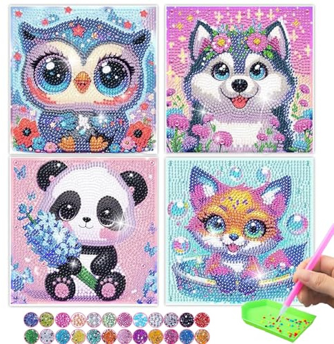 Glvomazty 4 PCS Kits de Pintura de Diamante DIY, 5D Diamond Painting Kit Completo Creativo de Pintar con Diamantes Niños Decoración de Pared del Hogar 18x18cm
