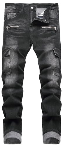 JENY-LUCK Men's Stretch Skinny Jeans Slim Fit Distressed Tapered Leg Stretch Biker Denim Pants Men's Ripped Slim Fit Skinny Destroyed Distressed Straight Leg Jeans