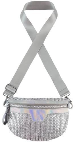 Mervokl Bauchtasche Damen Glitzer Tasche Silber Umhängetasche Klein Handtasche Elegant Schultertasche Crossbody Bag Stylisch Gürteltasche für Party Festival Freizeit Date