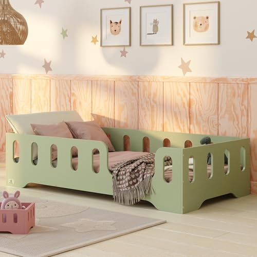 smartwood Bodenbett 80x160 cm Grün - Montessori Kinderbett aus Holz mit FSC-Zertifikat TILA 2P mit Rausfallschutz & Lattenrost bis 230kg belastbar - Einfache Montage