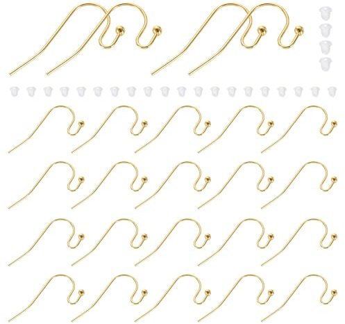 QUARKZMAN 300 Stück Französische Ohrhaken 21 x 11mm Fischhaken Gold | Kugel Dot Ohrdrähte, Hängende Ohrhaken, mit klaren Silikon-Ohrstoppern, für DIY Schmuckherstellung