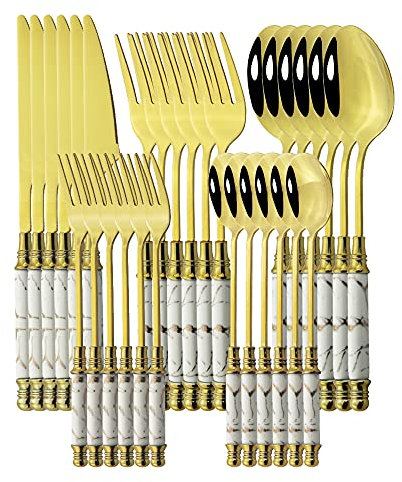 BOSHYUM Set di Posate in Argento, 30 Pezzi, Set di Posate in Ceramica Bianca e Oro, Posate in Acciaio Inossidabile, forchetta, Cucchiaio, Coltello, Set da tavola, Set di Posate in Oro Verde
