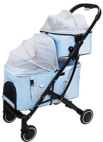 Doppelschichtiger Hundebuggy mit Taschenaufbewahrung, Hundebuggys für kleine Hunde, Katzenbuggys für 2 Katzen, abnehmbarer 2-schichtiger Haustierbuggy, Nettogewicht 7,8 kg (Farbe: B)