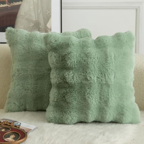 Mandioo 2er Set Luxus Dekorativ dicken Woll Kissenbezug Super Soft Wave Blase Plüschwolle werfen Kissenbezüge Zierkissenbezüge Sofakissen Schlafzimmer Kissenhülle für Sofa 40x40cm Salbei Grün