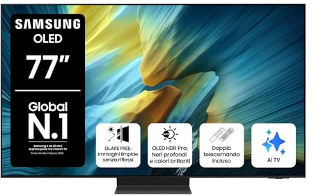 Samsung OLED 4K Vision AI Smart TV 77'' QE77S95FATXZT, NQ4 AI Gen4 Processor, AI Upscaling, Glare Free, Dolby Atmos & OTS+, Infinity One Design, PACCHETTO INTRATTENIMENTO, 2025