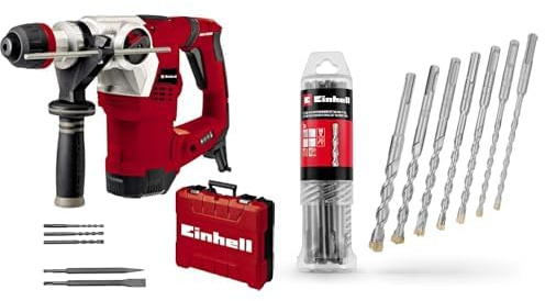Einhell Martillo perforador TE-RH 32 4F Kit (1250 W, 5 J, perforación + perforación con impacto + cincelado con/sin fijación, incl. maletín E-Box, 3 brocas, 2 cinceles) + Juego de 7 brocas