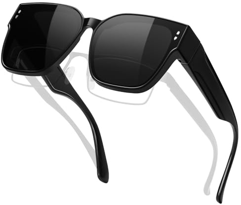 KANASTAL Neri Sovraocchiali da Sole Donna Polarizzati Uomo UV400 Occhiali da Sole Scuri Sovrapponibili Quadrati TR90 Vintage Grandi Black Sunglasses Fit over Glasses -Nero Lucidi
