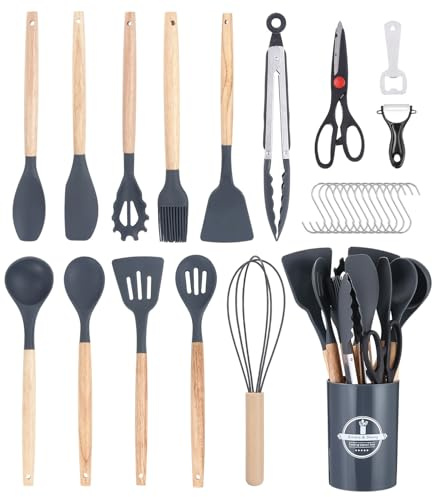 Küchenhelfer Set（Grau）,27 Stück Kochutensilien Kochgeschirr,Kochlöffel Set Silikon,Hitzebeständiger Antihaft Kochset mit Utensilienhalter,Spülmaschinenfest