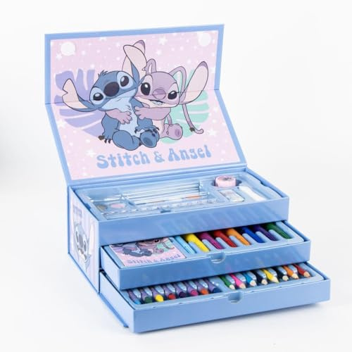Maletín arte Stitch más 60 piezas Set creativo lápices colores, rotuladores, crayones, acuarelas, pinceles y libreta – Estuche Pintar Stitch ideal como regalo artístico y escolar