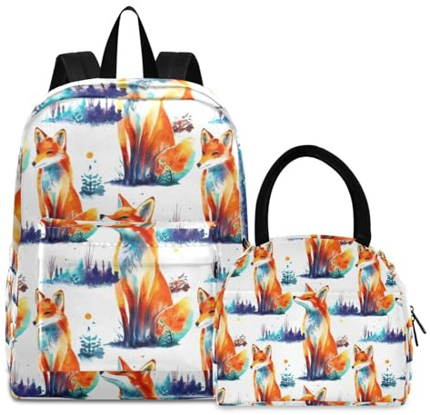 RPLIFE Kindertaschen-Set, wasserdicht, Picknick-Rucksack, Rucksack-Set für Mädchen, niedliches Aquarell-Fuchs-Orange