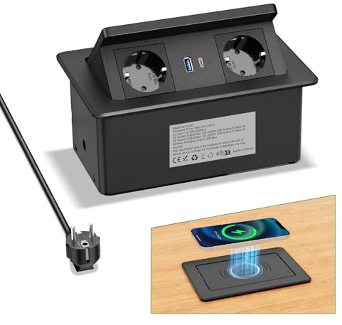 3m Kable - Versenkbare Steckdose mit USB C PD 20W und 15W Kabelloses Ladegerät, Einbausteckdose Versenkbar 2fach, Tischsteckdose Versenkbar für Arbeitsplatte Sofatisch Heim Büro, Schwarz