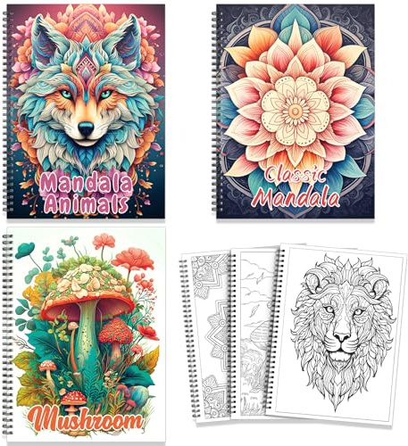Adult Colouring Books Set of 3 for Women and Girls Mandala Animal Mushroom 69 Patterns Spiral Bound Colour Book for Men Teen to Stress and Anxiety Relief