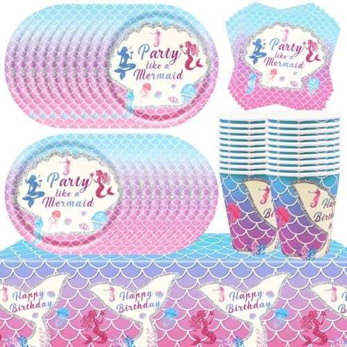 Mermaid Party Tableware Set, Mermaid Birthday Decorations Set, Mermaid Birthday Party Paper Plates Cups and Napkins Tablecloth for Mermaid Party Supplies(20 Guests)