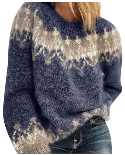 Pull Femme Grande Taille - Norvégien d'hiver Chaud Chic Pull Over Tricoté Col Rond À Manches Longues Sweater Tops Motif Jacquard Tunique Grande Taille Pas Cher Décontractés Vetement Automne-Hiver