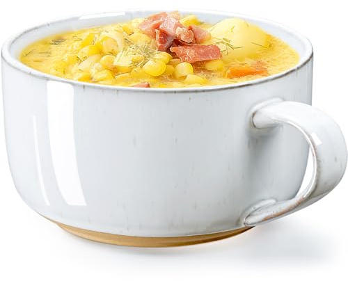 NUTRIUPS Large Ceramic Soup Bowls with Handles, 1000ml Microwave Soup Mug, Heavy Soup Cup & Container with Handles, for Cereal, Ramen, Noodle, Oatmeal (Farmhouse White)