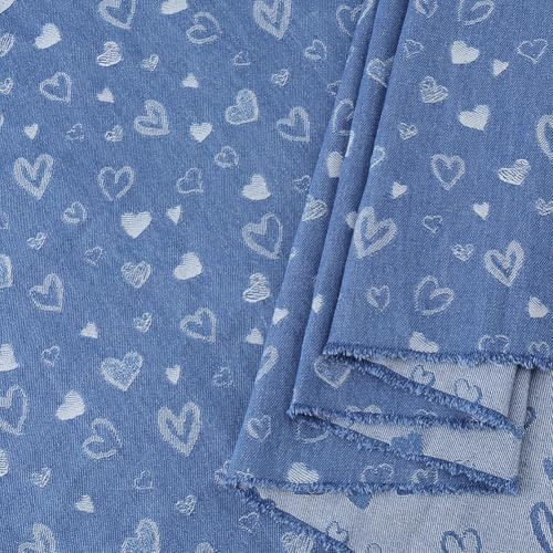 FINGERINSPIRE 1x1.83 m Baumwoll Denim Stoff Stahlblau Mit Herzmuster Rechteckiger Nähstoff Für Valentinstag DIY Nähprojekte Wie Jacken Kleider Jeans Taschen Usw