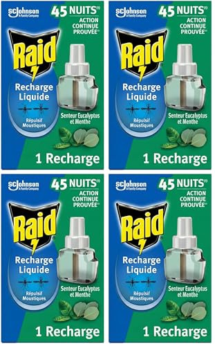 Raid Recharge Diffuseur Electrique Liquide - Répulsif Anti-Moustiques et Moustiques Tigres 45 Nuits - Senteur Eucalyptus et Menthe - 1 Recharge (Lot de 4)