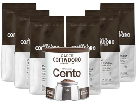 Costadoro Cento Macinato, 100% Arabica per Moka dal Gusto Dolce ed Equilibrato in 6 Sacchetti da 180gr Cad + 1 Barattolo in Latta Richiudibile Cento (250 gr), Qualità Superiore Made in Italy