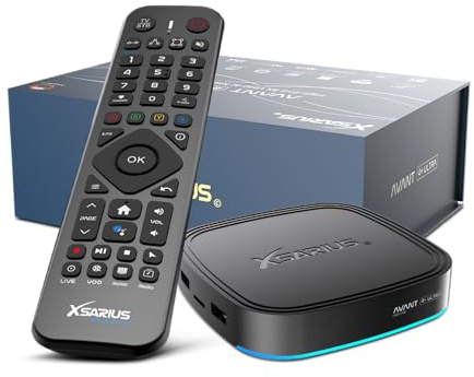 Xsarius Avant 4+ Ultra Android 14 High-End 8K UHD AI-mediastreamer, Gigabit LAN, Bluetooth 5.2, KI-uppskalning, WLAN 6E, Widevine nivå 1, 4 GB DDR, 64 GB eMMC, HDR10+ och HLG, PremiumTV+, MyTV Go+ App