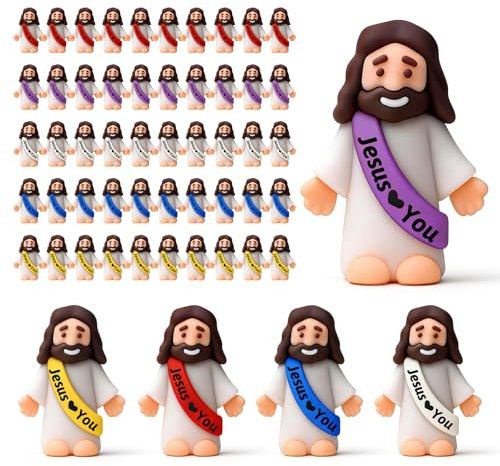 Probuk 50pcs Mini Jesus Figures for Easter, Cute Little Jesus Statues for Easter Gifts, Assorted 5 Colour Set of Religious Toys |, Party Favours, Crafts & Faith-Based Activities