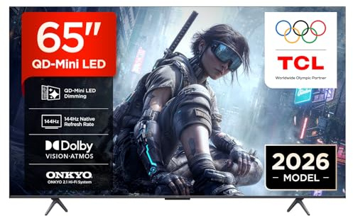 TCL 65T8D Televisor 65 Pulgadas QD-Mini LED 4K Smart TV, Gaming TV, 144Hz Game Accelerator 288Hz FHD, FreeSync Premium, Dolby Vision & Atmos, HDR10+, Onkyo 2.1, Google TV, Game Master