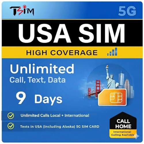 TSIM USA SIM Card 9 Days with Call Home | High Coverage | Unlimited Data on AT&T Network | Unlimited Local + International Call/Texts in USA (including Alaska) 5G SIM Card!