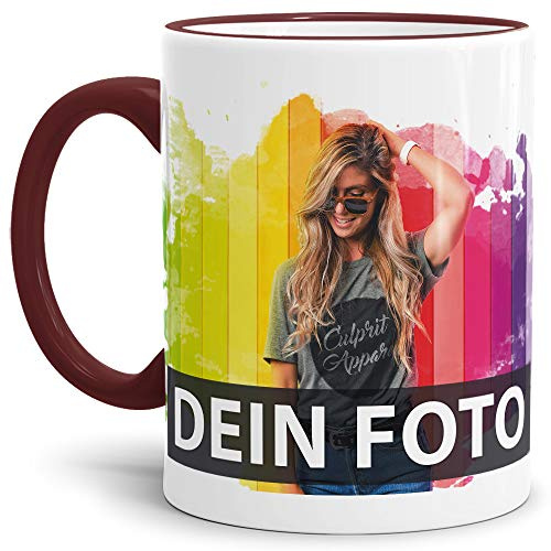 Tasse selbst individuell gestalten/Personalisierbar mit eigenem Foto bedrucken/Fototasse/Motivtasse/Werbetasse/Firmentasse mit Logo/Rand & Henkel Weinrot