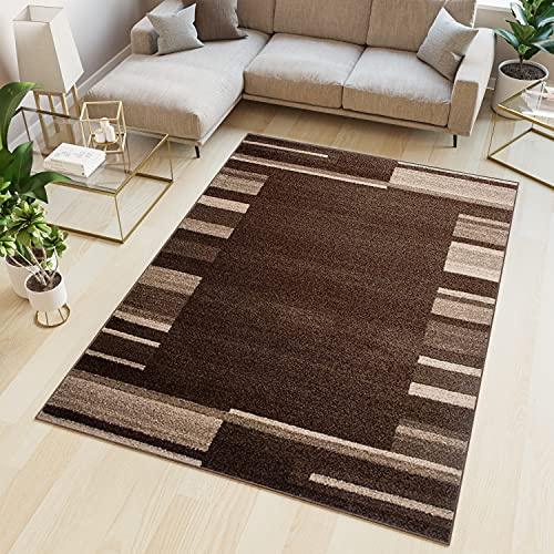 TAPISO Sari Teppich Kurzflor Dunkelbraun Beige Gestreift 160 x 220 cm | Geometrisch Modern Design Meliert Verwischt Pflegeleicht Wohnzimmer Schlafzimmer OEKO-TEX