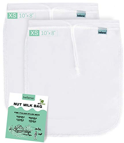 Bellamei Nut Milk Bag Reusable 3 Pack Food Strainer Nut Bags For Almond/Soy Milk Greek Yogurt Professional for Cold Brew Coffee Tea Beer Juice Fine Italian Nylon Mesh (2 pack-8x10)