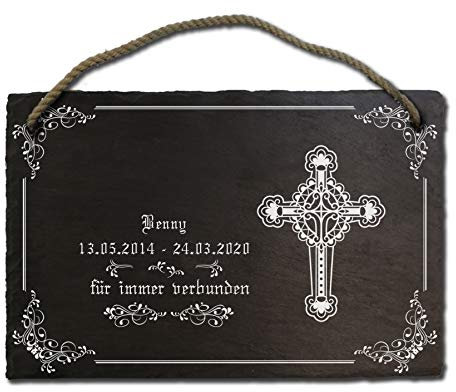 elbedruck Schiefertafel Grabplatte Gedenkstein mit Kreuz Grabstein ca. 20x30cm graviert mit Wunschtext und Name, auch möglich als Klingelschild Türschild, Motiv B (mit Kordel)