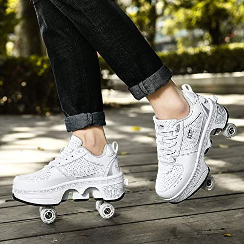 Inline-Skate, 2-in-1-Mehrzweckschuhe, Verstellbare Quad-Rollschuh-Stiefel,EUR38-White