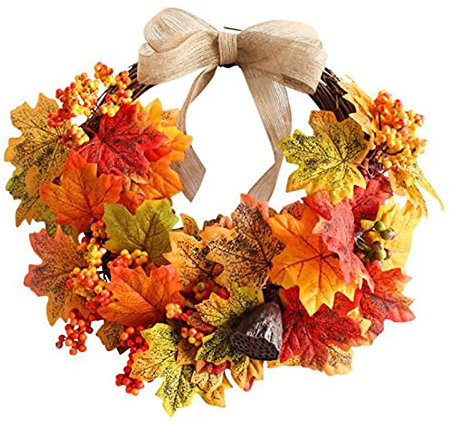 JKIOHO Couronne de feuilles d'érable de 30 cm - Couronne de feuilles d'érable - Pour l'automne - Noël - Thanksgiving - Avec nœud - Couronne de porte d'automne
