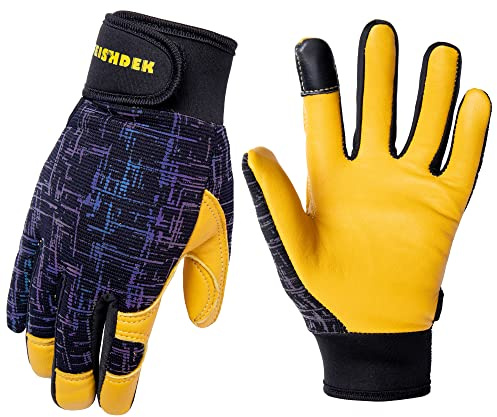 FEISHDEK Gants de travail en cuir pour enfants - Gants de jardinage pour écran tactile - Design réfléchissant et respirant - Gants de vélo d'extérieur de 2 à 12 ans - Garçons et filles (noir/jaune)