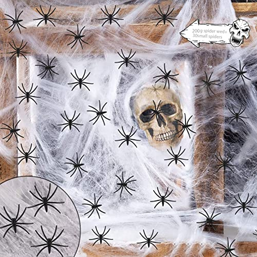Decorazioni Halloween, Ragnatele Halloween, Decorazione di ragnatela,200g Ragnatele Decorative Estensibile e 30 Ragno Finto per decorazioni di Halloween
