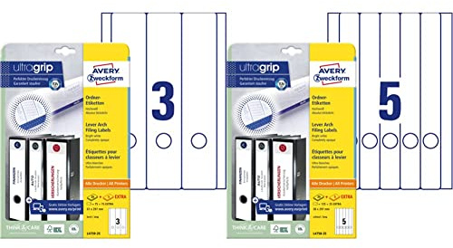 AVERY Zweckform L4759-25 Ordnerrücken Etiketten 30 Blatt, weiß & L4758-25 Ordnerrücken Etiketten (150 Rückenschilder mit ultragrip, 38x297mm auf A4, schmal/lang) 30 Blatt, weiß