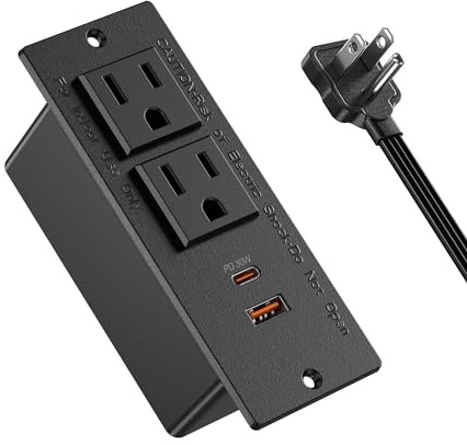 Recessed Power Strip USB C PD 30W Fast Charging,Flush Mount Desk Recessed Outlet,Space-Saver for Furniture Side Table,2 USB Ports,2 AC Outlets,6ft Cord,Ultra Thin Flat Plug