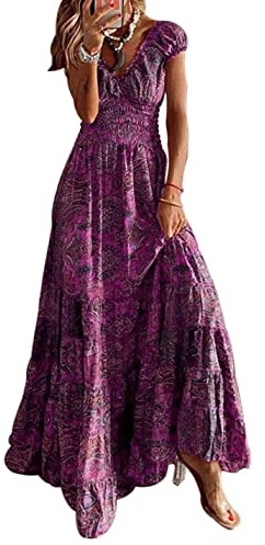 ABYOVRT Robe Maxi D'été pour Femme Bohème Robe de Vacances Col V à Fleur Manches Courtes Robe de Soiree Party Plage