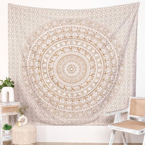 RAJRANG Mandala-Wandteppich, Wandbehang, golden 137 x 213 cm, für Schlafzimmer und Wohnzimmer, Dekoration, Boho-Stil, Bohemian-Stil, Wandbehang, Baumwoll-Wandteppiche