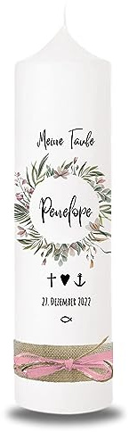 VILLA ROSA LOTTA - Personalisierbare Taufkerze Kommunionkerze Penelope mit Wunschdaten und Rückseite I Blumen Kranz Motiv I 25 cm x 7 cm I Taufkerzen für Jungen und Mädchen I Farbe elfenbein weiß