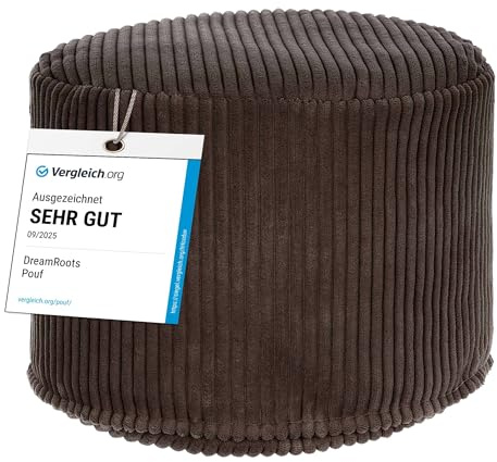 DreamRoots Cord Pouf Hocker rund 50x50x35 cm, Dark Chocolate | Runder Bodenstuhl, Sitzkissen Boden, 380 g/m², für Wohnzimmer, Schlafzimmer & Homeoffice, waschbar, Fußhocker