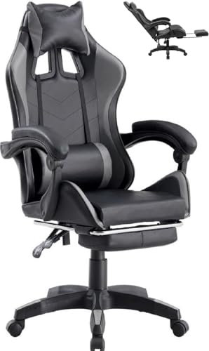 FENIXSHOP24 Sedia/Poltrona Gaming Ergonomica Massaggiante Reclinabile con Poggiapiedi Poggiatesta e Supporto Lombare Braccioli X Gamer da Scrivania con Ruote Girevoli Nero/Grigio HLD-920
