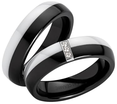 Paar Partnerringe & Eheringe aus Keramik mit Edelstahleinlage – 6 mm Ringpaar für Sie und Ihn bis Größe 74 – Damenring mit Zirkonia – Trauringe, Freundschaftsringe im Etui mit Lasergravur | 3038