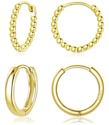 Bewenda Creolen Set - 2 Paar Klein 925 Sterling Silber Ohrringe für Damen Mädchen, Nickelfrei Hypoallergen Schlafen Knorpel Rund Huggie Ohrschmuck
