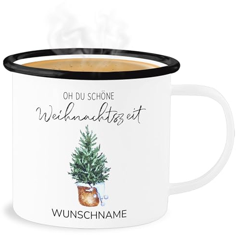 Emaille Becher Blechbecher - Weihnachten Weihnachtstasse - Oh du schöne Weihnachtszeit - Wunschname - 300 ml - Weiß Schwarz - weihnachtstassen christmas tasse frohe weihnachtsmotiven mug