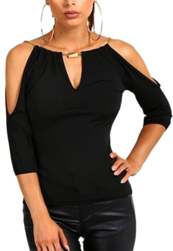 EMOTTOS Unique Women 3/4-Sleeve Tops, V Neck Loose Casual T-Shirt with Movable Chain, Off-Shoulder 3/4 Long Sleeve Tunic Tops Pullover T-Shirt(Black-L)
